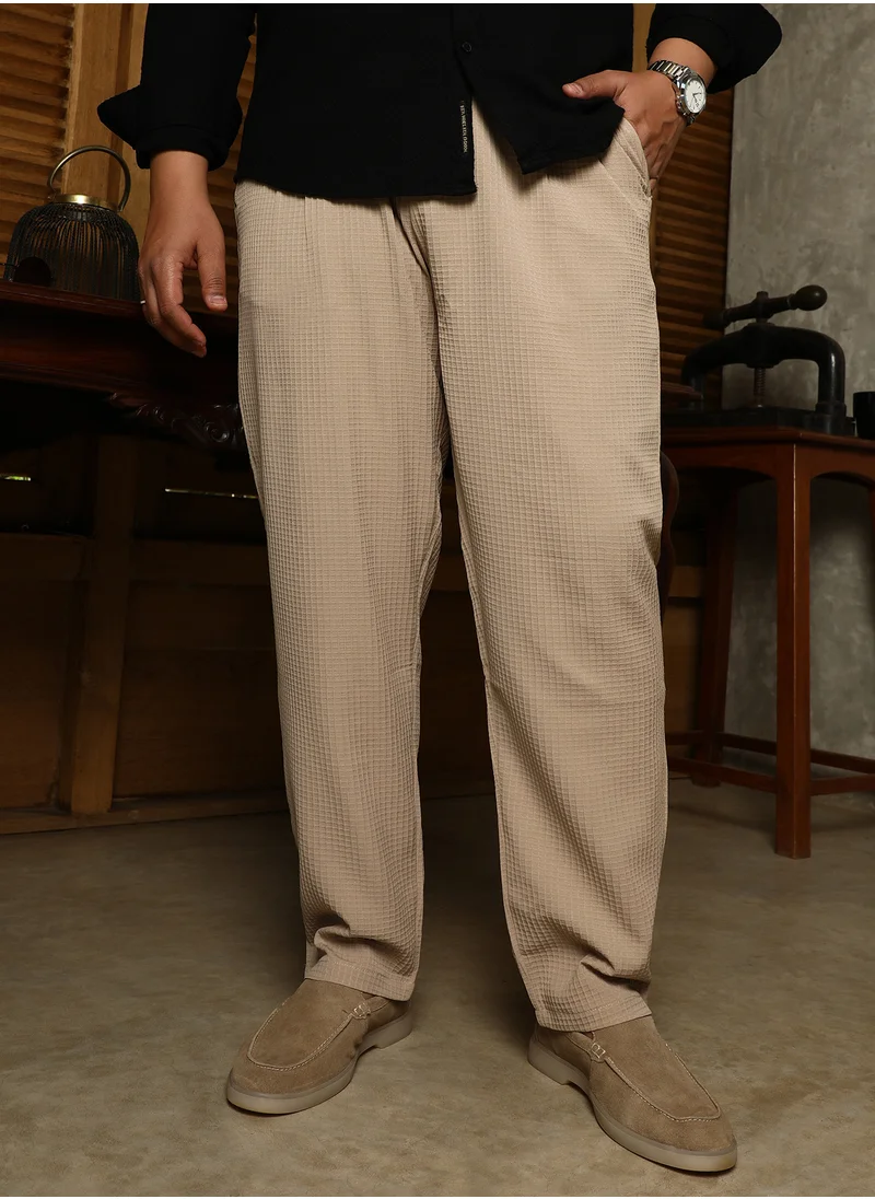 انستافاب بلس Instafab Plus Men's Khaki Beige Textured Graph Check Trousers For Casual Wear | Mid-Rise | Regular Fit | Button Closure | Plus Size Trousers Crafted With Comfort Fit For Everyday Wear