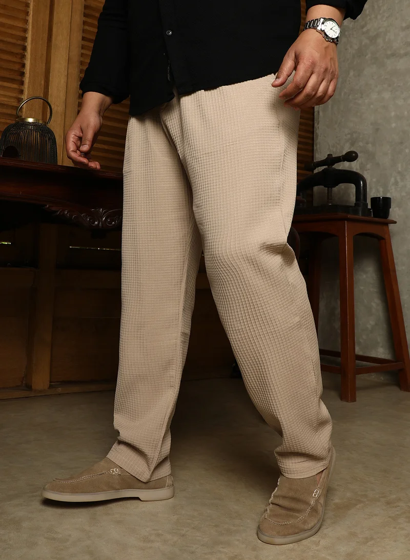 Instafab Plus Instafab Plus Men's Khaki Beige Textured Graph Check Trousers For Casual Wear | Mid-Rise | Regular Fit | Button Closure | Plus Size Trousers Crafted With Comfort Fit For Everyday Wear