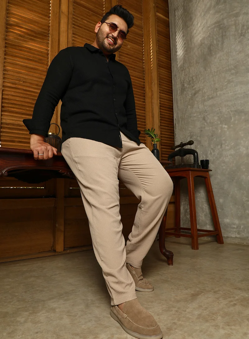 Instafab Plus Instafab Plus Men's Khaki Beige Textured Graph Check Trousers For Casual Wear | Mid-Rise | Regular Fit | Button Closure | Plus Size Trousers Crafted With Comfort Fit For Everyday Wear