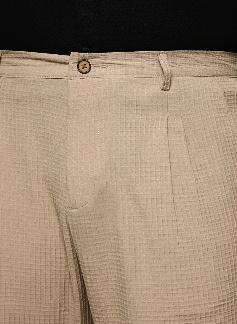 Instafab Plus Instafab Plus Men's Khaki Beige Textured Graph Check Trousers For Casual Wear | Mid-Rise | Regular Fit | Button Closure | Plus Size Trousers Crafted With Comfort Fit For Everyday Wear
