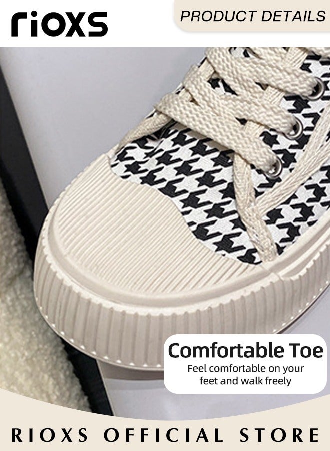 RIOXS Women's Houndstooth Canvas Sneakers, Lightweight Anti-slip Canvas Tennis Shoes for Ladies, Classic Low Top Lace Up Canvas Shoes, Fashionable Casual Flat Shoes, High-quality Breathable Trainers with Non-slip Rubber Sole, Suitable for Work, Sports, Shopping, Hiking, Running and Other Occasions - Image 4