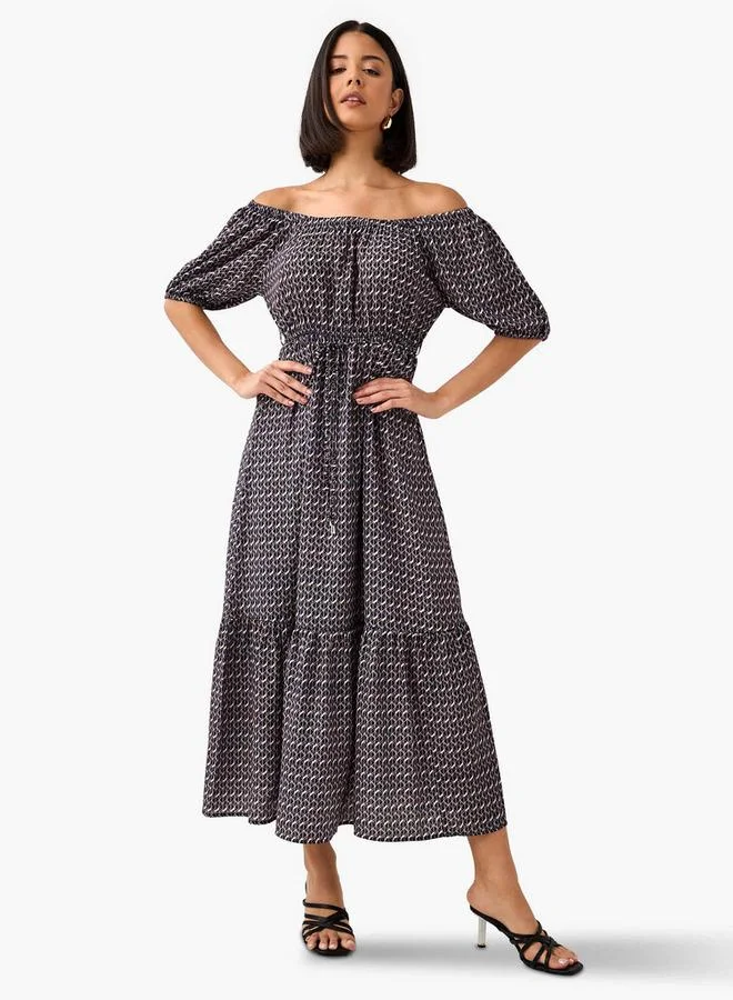 سبلاش فيڤ فستان نسائي هندسي مكشوف الأكتاف بطبعة ورباط