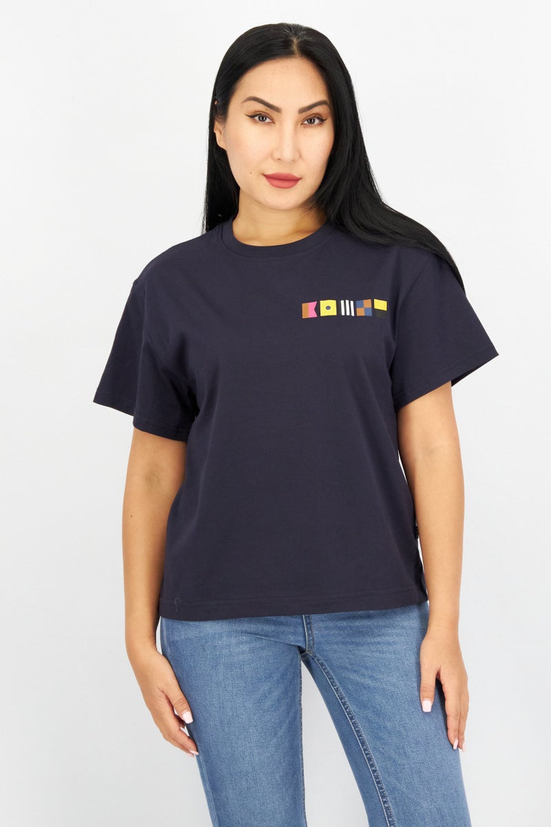 Aigle تي شيرت نسائي بأكمام قصيرة وياقة دائرية مطبوعة، أزرق داكن - Image 1