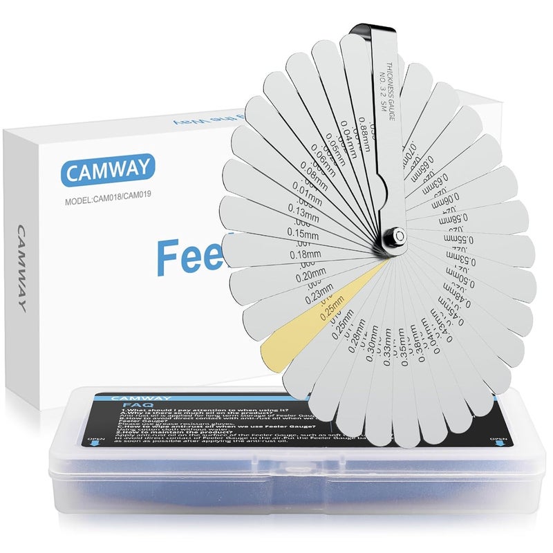 CAMWAY مقياس سمك مستقيم 32 شفرة - مقياس سمك متري بوصة 0.04-0.88 مم/0.0015-0.035 بوصة، أداة قياس عرض الفجوة بدقة من الصلب للصمامات، شمعات الإشعال، المكبس، الجيتار - Image 1