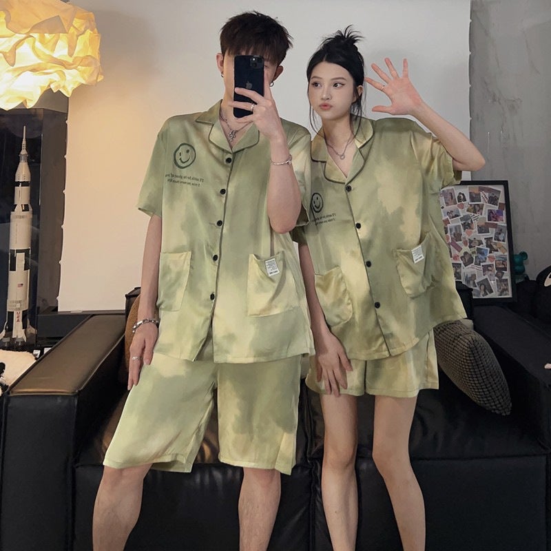 Summer Silk Couple Pajamas Women'S Summer Ice Silk Short Sleeve Outerwear Men'S Homewear Suit - Image 2