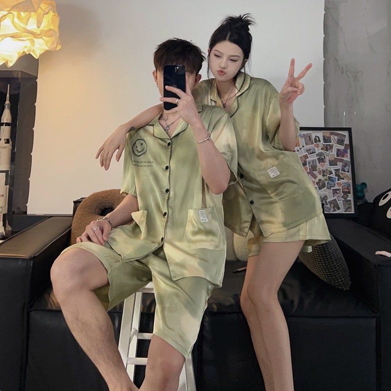 Summer Silk Couple Pajamas Women'S Summer Ice Silk Short Sleeve Outerwear Men'S Homewear Suit - Image 4