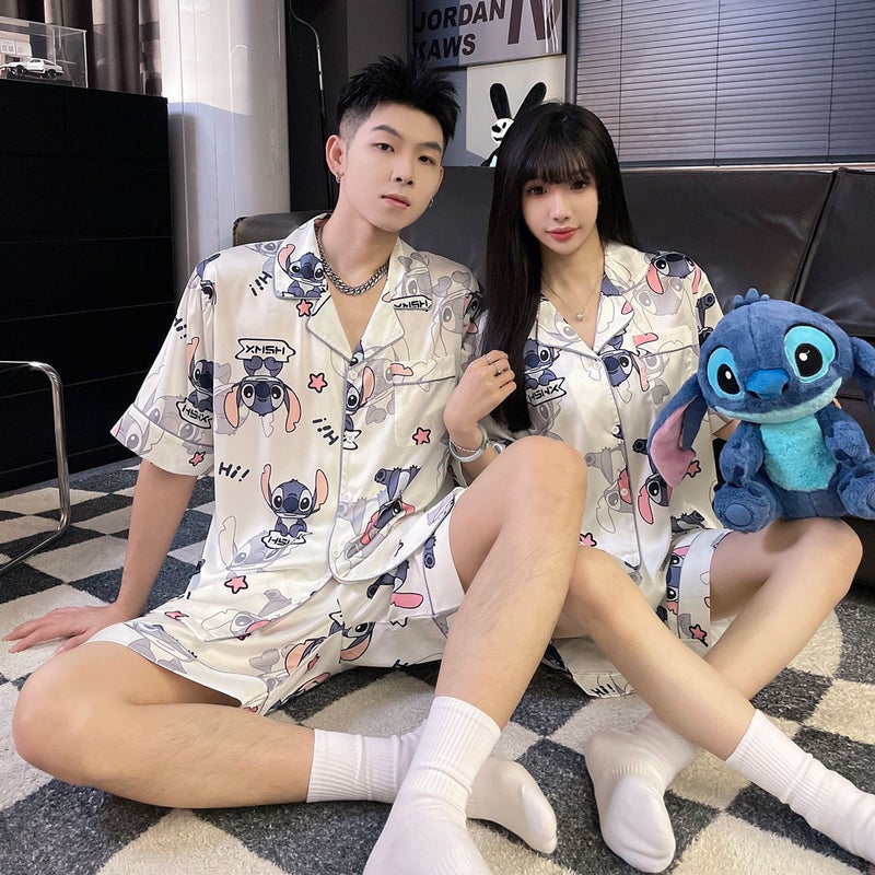 Summer Silk Couple Pajamas Women'S Summer Ice Silk Short Sleeve Outerwear Men'S Homewear Suit - Image 1