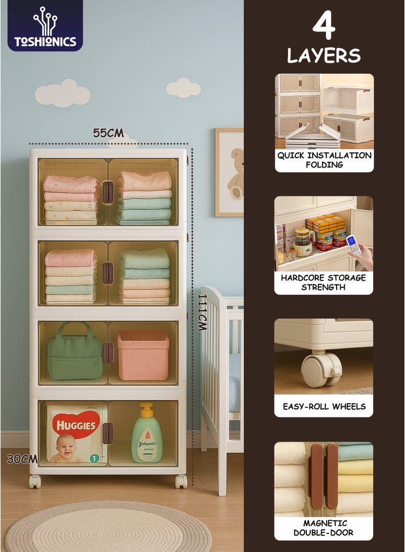 توشيونيكس خزانة تخزين بلاستيكية للأطفال من 4 طبقات - 55 × 30 × 111 سم - مع أبواب مزدوجة من الأكريليك الشفاف بلون بني وعجلات قابلة للقفل - منظم متعدد الطبقات قابل للطي والتكديس ومتعدد الاستخدامات لغرفة الأطفال للملابس والحفاضات والألعاب والأساسيات - متوفر بأحجام مختلفة - Image 1