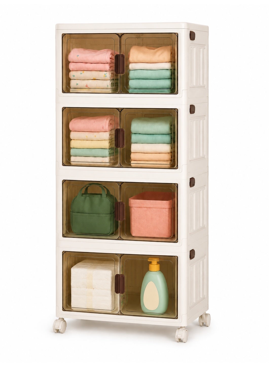 Toshionics 4 Tier Baby Plastic Storage Cabinet - 55x30x111cm - with Transparent Brown-Tinted Acrylic Double Doors and Lockable Wheels – Multi-Layer Foldable, Stackable, Versatile Nursery Organizer for