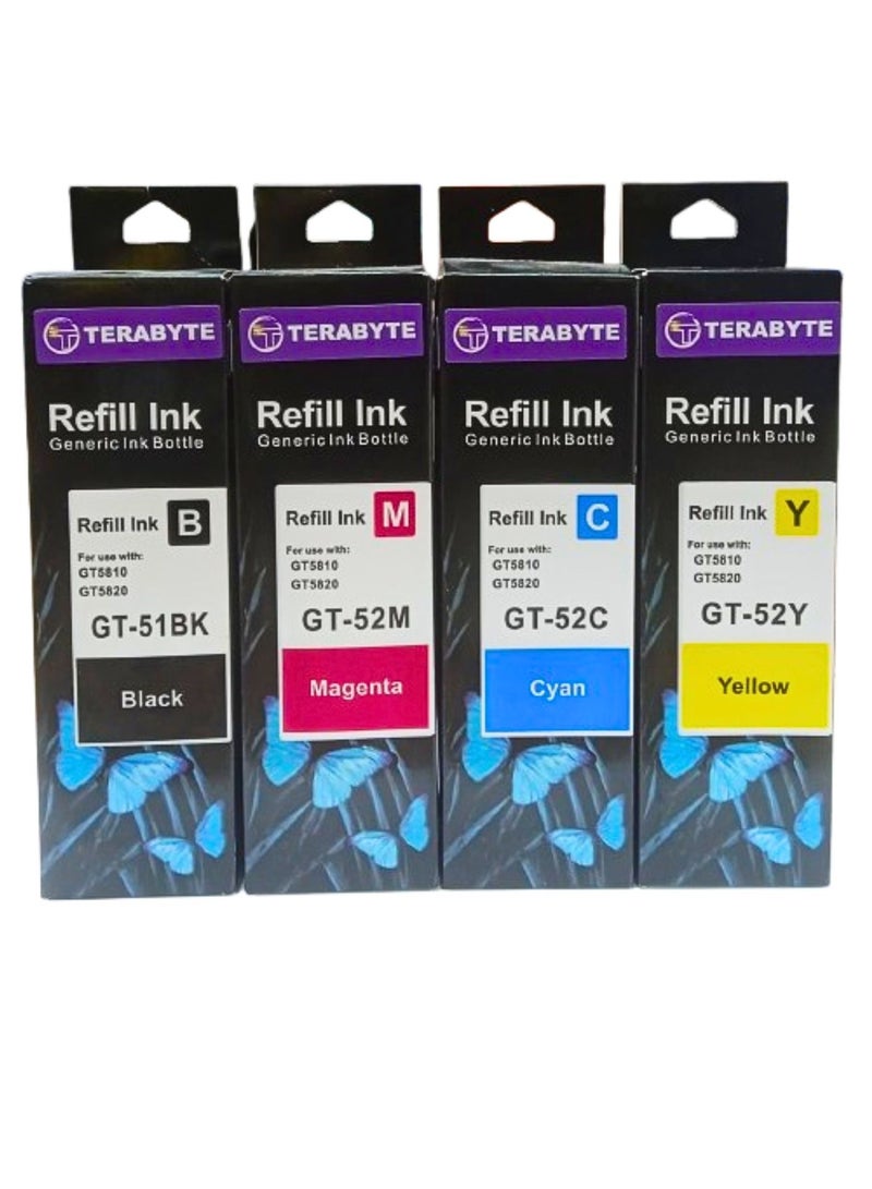 Terabyte GT52 GT53 Ink Bottle for H Ink Tank 319 410 419 Smart Tank 500 502 508 511 514 515 518 519 530 531 532 533 538 571 615 618 655 720 750 790 DeskJet GT 5810 5820 5822 115 118 310 311 (Pack of 4) - Image 1