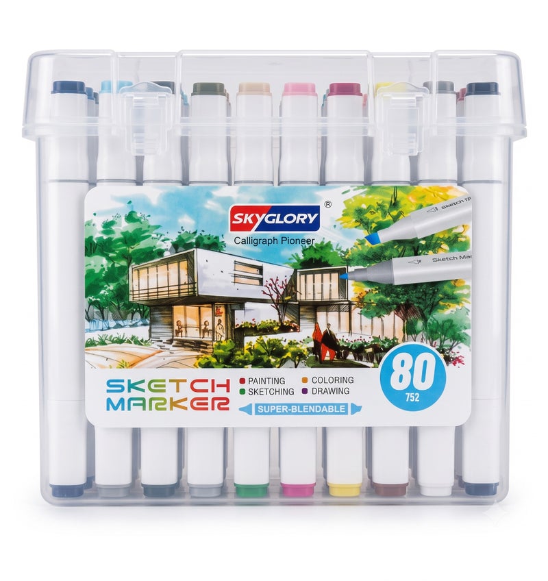 Sky Glory SKYGLORY Calligraph Pioneer Dual Tip Sketch Marker Set With Clear Storage Case Multicolour80 Pieces HA-864 - Image 2