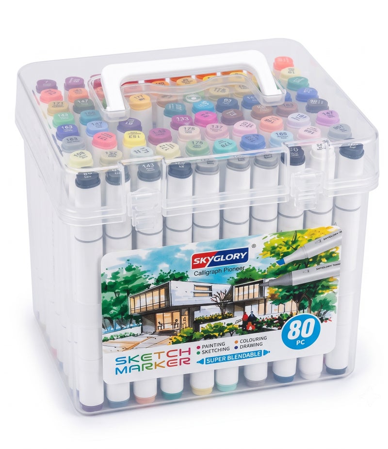 Sky Glory SKYGLORY Calligraph Pioneer Dual Tip Sketch Marker Set With Clear Storage Case Multicolour80 Pieces HA-864 - Image 1