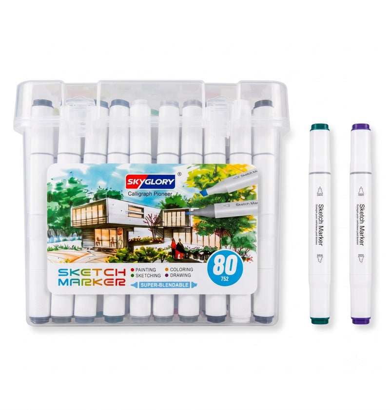 Sky Glory SKYGLORY Calligraph Pioneer Dual Tip Sketch Marker Set With Clear Storage Case Multicolour80 Pieces HA-864 - Image 3