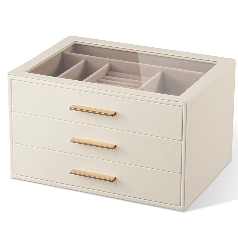 pickpiff Jewelry Box Organizer Case for Women: 3-Layer Jewelry Storage Case with Glass Window, Ivory Leather with Pink Velvet, Holder for Ring Necklace Bracelet Brooch Watch, Great Gift for Her - Image 1