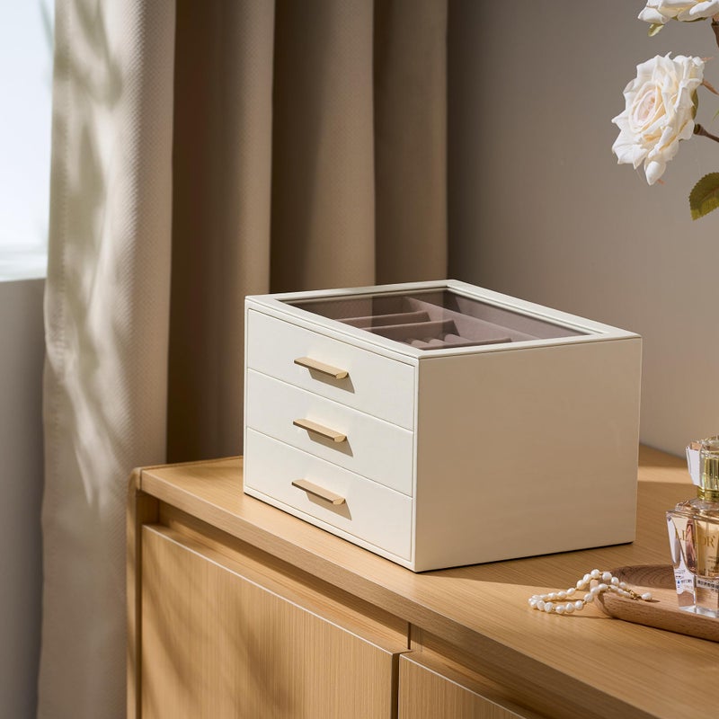 pickpiff Jewelry Box Organizer Case for Women: 3-Layer Jewelry Storage Case with Glass Window, Ivory Leather with Pink Velvet, Holder for Ring Necklace Bracelet Brooch Watch, Great Gift for Her - Image 2