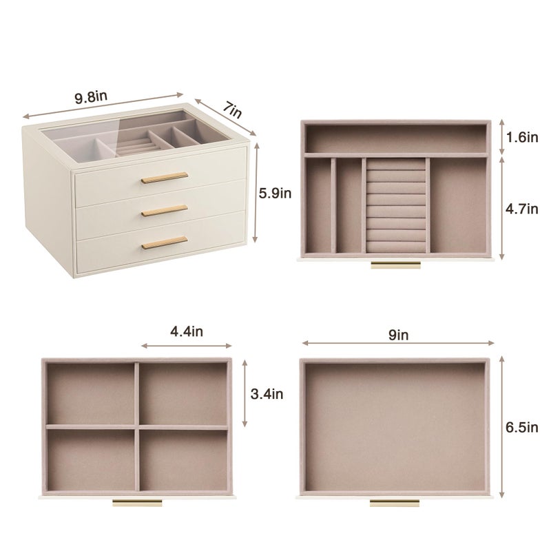 pickpiff Jewelry Box Organizer Case for Women: 3-Layer Jewelry Storage Case with Glass Window, Ivory Leather with Pink Velvet, Holder for Ring Necklace Bracelet Brooch Watch, Great Gift for Her - Image 4