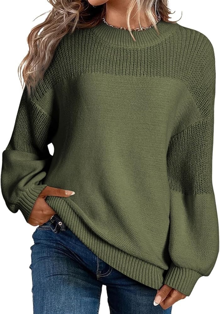 Women's Long Sleeve Round Neck Pullover Knit Sweater with Lantern Sleeves - Image 2