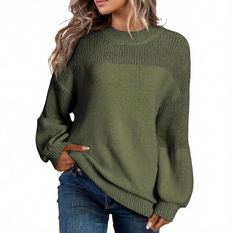 Women's Long Sleeve Round Neck Pullover Knit Sweater with Lantern Sleeves - Image 1