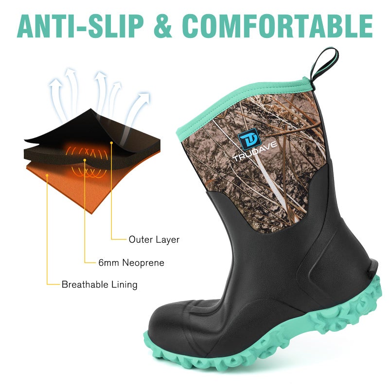 Trudave Rubber Boots for Women with Steel Shank, 6mm Neoprene Mid Calf Rain Boots, Waterproof Insulated Mud Work Boots All Season, Green, Size 5 - Image 5