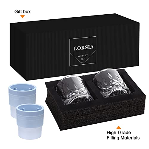 LORSIA كأس ويسكي روكس، مجموعة من 4 (2 كؤوس بوربون كريستال، 2 قوالب كرات ثلجية كبيرة مستديرة) في صندوق هدايا - 10 أوقية كؤوس أولد فاشند للسكوتش والكوكتيل والروم والكونياك والفودكا والمشروبات الروحية، هدايا فريدة للرجال - Image 4