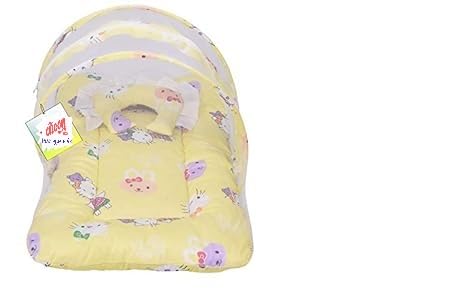 Volga Sales Baby Bed, Mosquito Net & Neck Pillow, Baby Gadda Set for New Born, 0-6 Month, Multi-Printed Baby Bedding, Baby Sleeping Bed of 71cm x 46cm x 13cm (Yellow)  - Image 1
