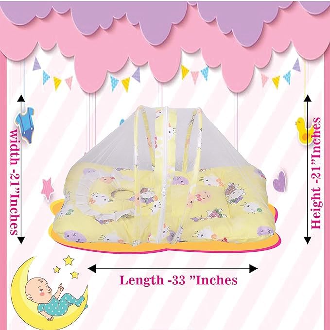 Volga Sales Baby Bed, Mosquito Net & Neck Pillow, Baby Gadda Set for New Born, 0-6 Month, Multi-Printed Baby Bedding, Baby Sleeping Bed of 71cm x 46cm x 13cm (Yellow)  - Image 2