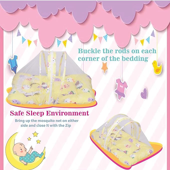 Volga Sales Baby Bed, Mosquito Net & Neck Pillow, Baby Gadda Set for New Born, 0-6 Month, Multi-Printed Baby Bedding, Baby Sleeping Bed of 71cm x 46cm x 13cm (Yellow)  - Image 4