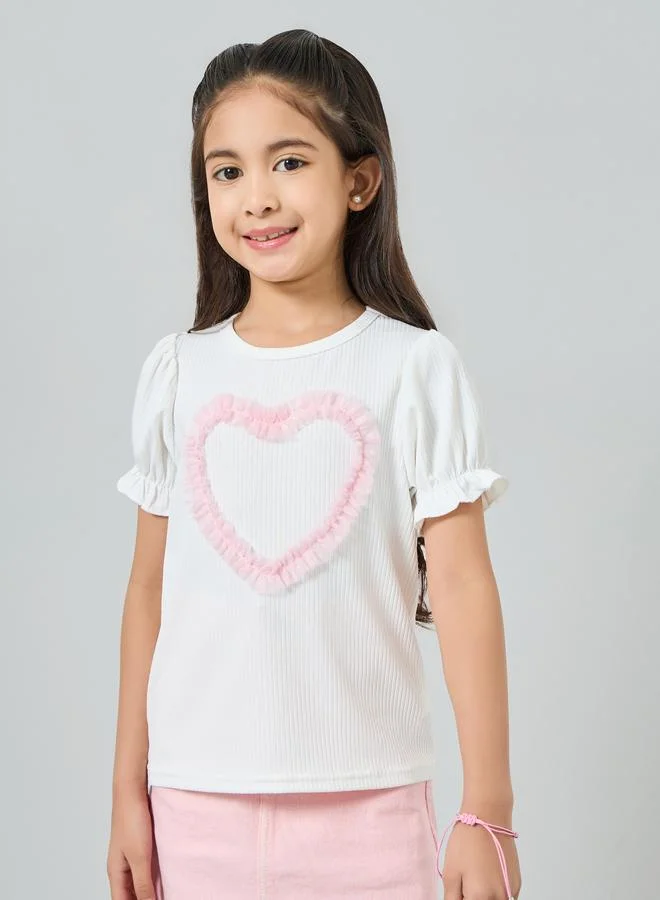Styli Girls White Puff Sleeve T-Shirt with Pink Heart Detail