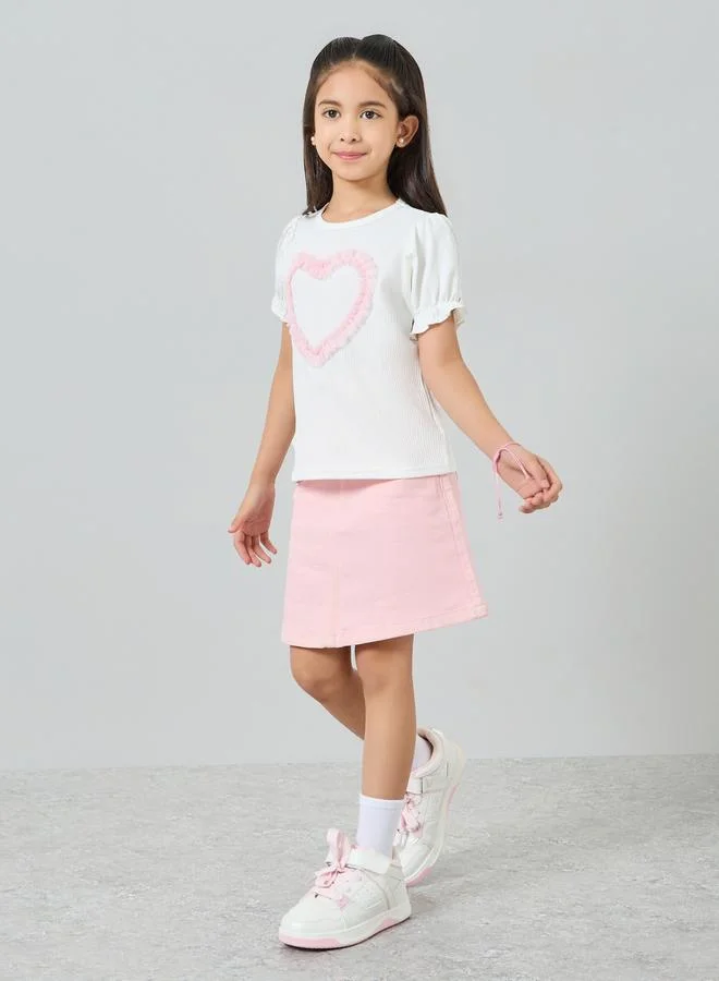 Styli Girls White Puff Sleeve T-Shirt with Pink Heart Detail