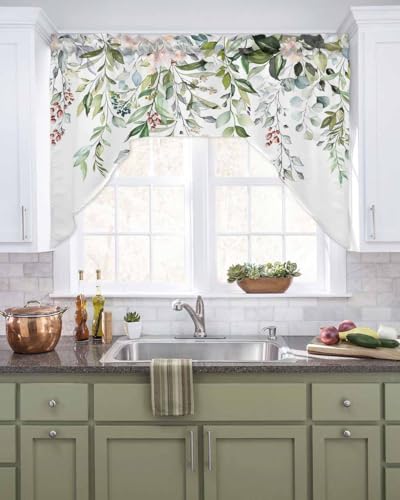 Onekaccu Watercolor Spring Floral Swag Valances for Kitchen Window Eucalyptus Leaves Flowers Small Swag Curtains Drapes for Bedroom Bathroom Over Sink Rod Pocket Window Treatment Decor Valances 56x36 Inch - Image 1