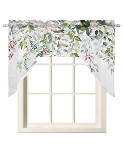 Onekaccu Watercolor Spring Floral Swag Valances for Kitchen Window Eucalyptus Leaves Flowers Small Swag Curtains Drapes for Bedroom Bathroom Over Sink Rod Pocket Window Treatment Decor Valances 56x36 Inch - Image 3