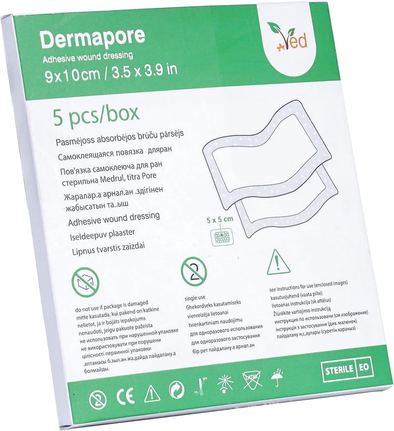 ضمادة جروح لاصقة VED Dermapore - مناسبة للجروح والخدوش، قرح الساق السكري، قرح الساق الوريدية، تقرحات الضغط الصغيرة - متوسطة، 9 × 10 سم (عبوة من 5). (9X10 أخضر)، أزرق
