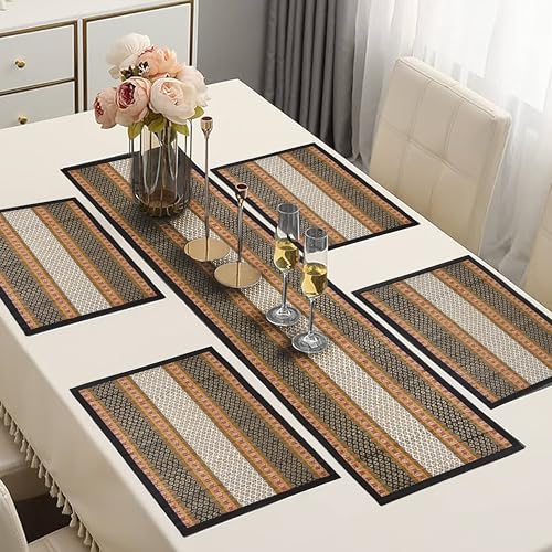 KalaTree Table Runner for 4 Seater Dining Table with mats Handmade Reversible Heat Resistant | River Grass Placemats Zero Plastic | Natural Madurkathi Eco Friendly | 4 Mats and Runner Royal Black - Image 1