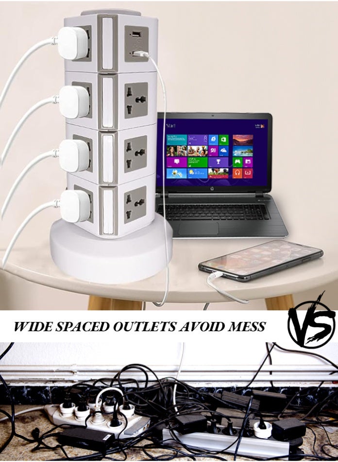 MODI 4-Layer Vertical Tower Extension Socket with USB Ports – Surge Protection, 3M Cable, Universal Plug, Individual Switch Control – White - Image 5