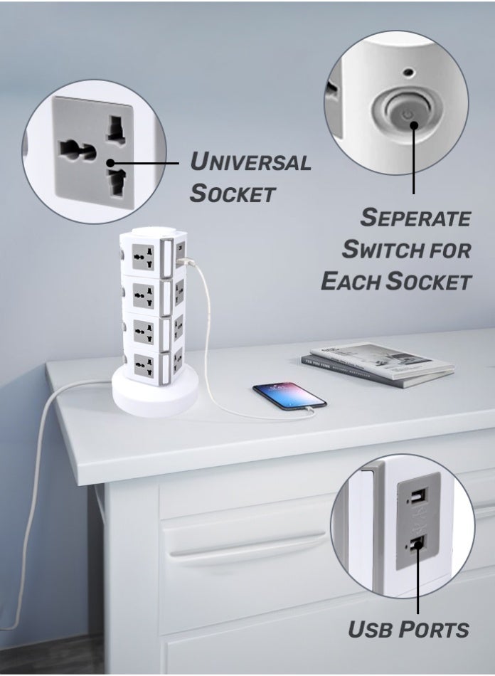 MODI 4-Layer Vertical Tower Extension Socket with USB Ports – Surge Protection, 3M Cable, Universal Plug, Individual Switch Control – White - Image 1