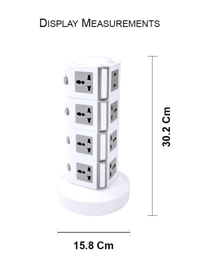 MODI 4-Layer Vertical Tower Extension Socket with USB Ports – Surge Protection, 3M Cable, Universal Plug, Individual Switch Control – White - Image 2