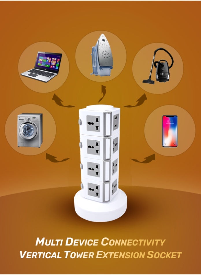 MODI 4-Layer Vertical Tower Extension Socket with USB Ports – Surge Protection, 3M Cable, Universal Plug, Individual Switch Control – White - Image 3