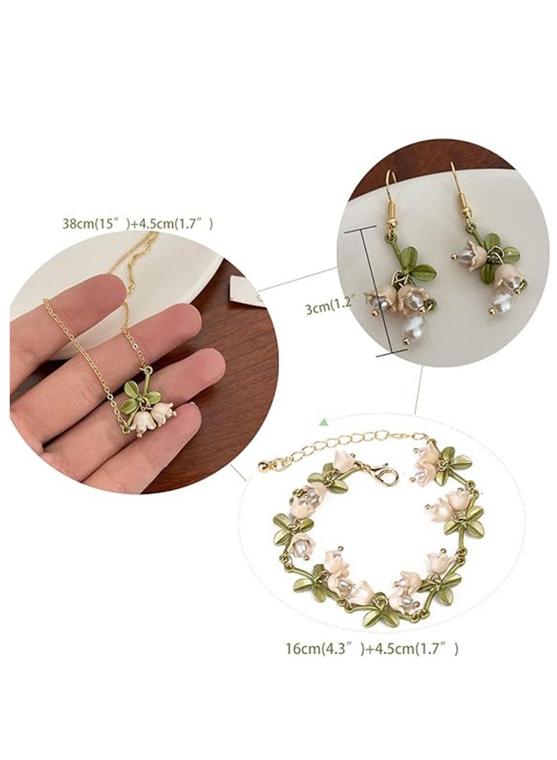 SYOSI مجوهرات ليلي، قلائد زهور بيضاء للنساء، أقراط دائرية زهور ليلي، سوار ليلي، مجموعات مجوهرات ذهبية لحفلات الزفاف للنساء العرائس والفتيات، مصنوعة من سبيكة عالية الجودة (3 قطع) - Image 2