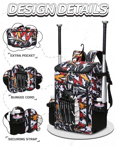 FOKDUVB Baseball Softball Gear Bag Backpack for Boys Girls Ages 8-12 12-14 Large Kids Youth Bat Bag with Ventilated Shoe Compartment Baseball Softball Players Stuff Supplies (Black/Yellow, Geometric) - Image 4