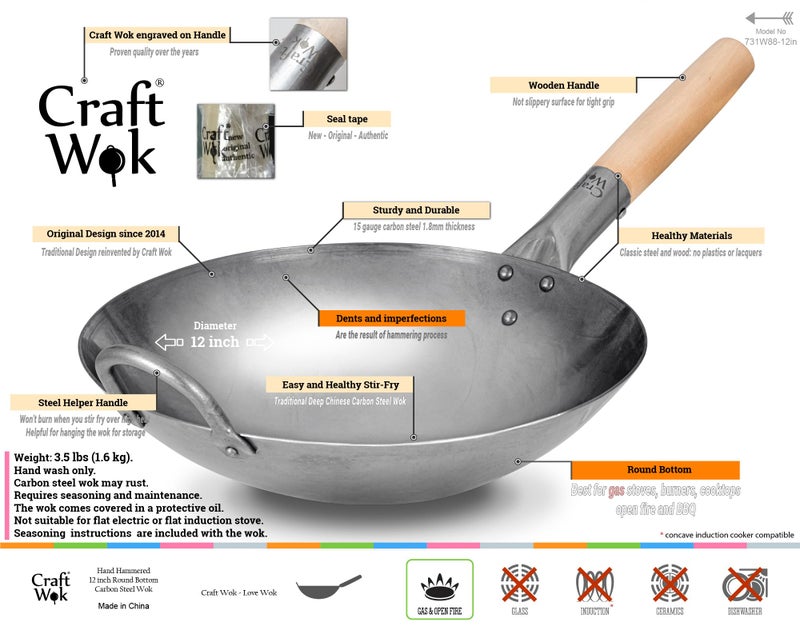 Craft Wok Traditional Hand Hammered Carbon Steel Pow Wok with Wooden and Steel Helper Handle (12 Inch, Round Bottom) / 731W88-12in - Image 2