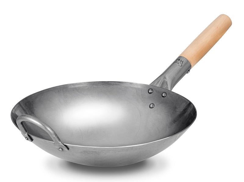 Craft Wok Traditional Hand Hammered Carbon Steel Pow Wok with Wooden and Steel Helper Handle (12 Inch, Round Bottom) / 731W88-12in - Image 1