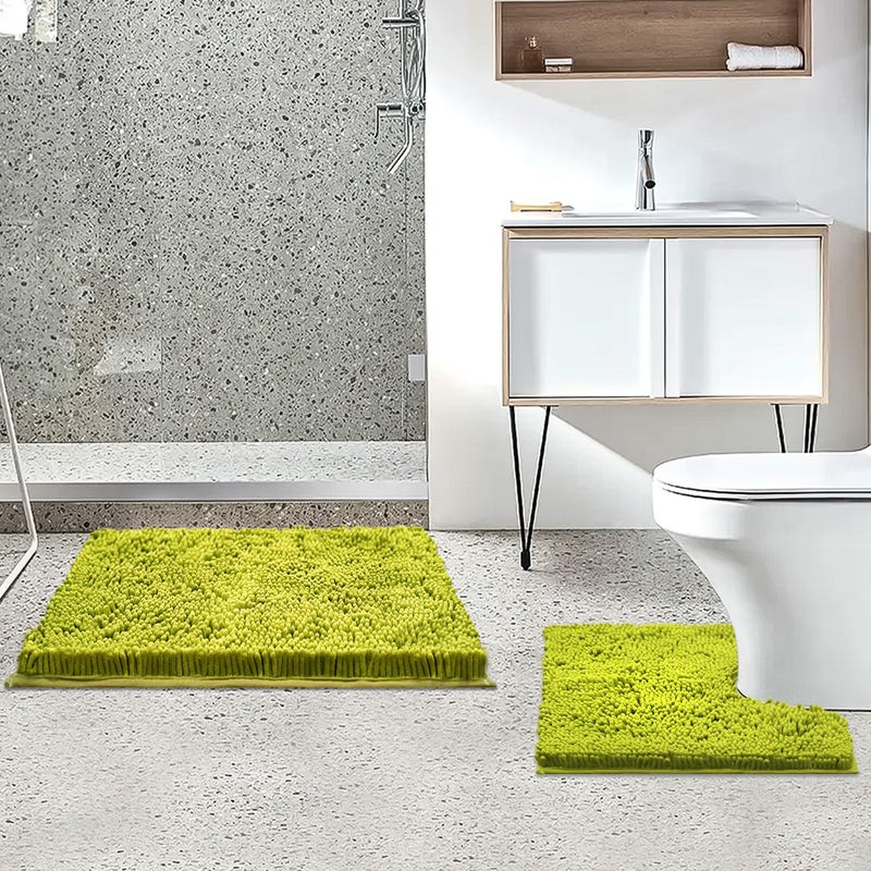 BOANKODU BOANKODU Bathroom Rugs Sets 2 Piece  Ultra Soft Absorbent Bath mat Chenille Bathroom Rug  Antiskid Bath mats Washable Bathroom mat (20x32 inch + 20x20inch U-Shaped) Yellow-Green - Image 2