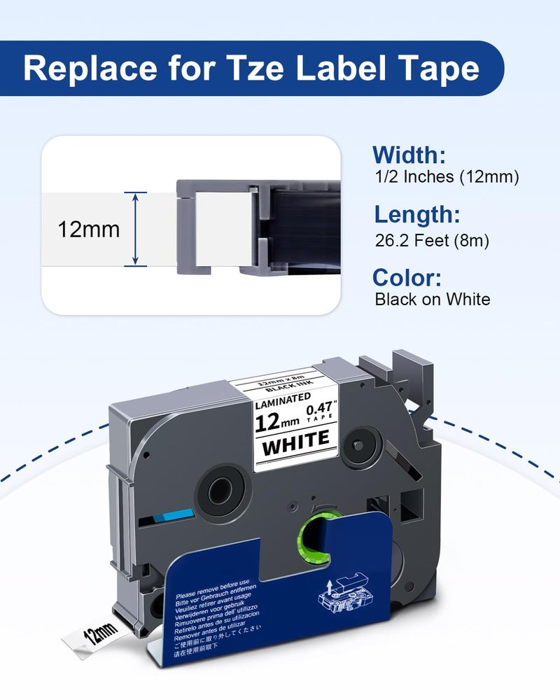 Absonic 12mm 0.47 Laminated White Tz-231 Tape Compatible for Brother Tze-231 Tze Tape 1/2 Inch Refills Work for P Touch Label Maker PTD220 PTD210 PTH110 PTP710 PT-610BT PTD400, Black on White, 6 Pack - Image 2
