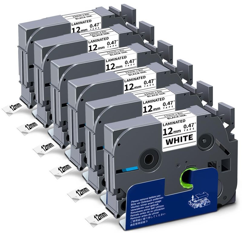 Absonic 12mm 0.47 Laminated White Tz-231 Tape Compatible for Brother Tze-231 Tze Tape 1/2 Inch Refills Work for P Touch Label Maker PTD220 PTD210 PTH110 PTP710 PT-610BT PTD400, Black on White, 6 Pack - Image 1