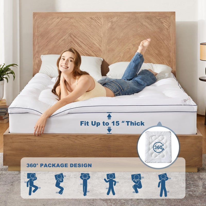 BEDLORE Full Mattress Topper, Thick Pillow Top Pad for Back Pain Relief, Cooling Soft Mattress Cover with Deep Pockets 6-15 inch - Image 5