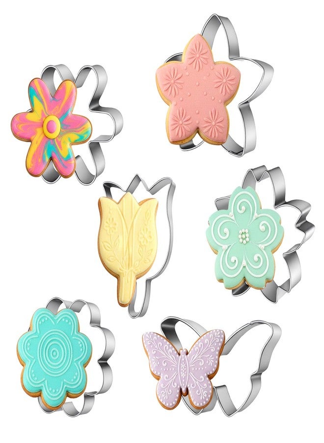 HaiFafafaing 6 PCS Flower Cookie Cutter Set - Stainless Steel Flower Cookie Cutters - Daisy Tulip Butterfly Shapes for Baking Cookies Bread Cheese Crafts - Image 1
