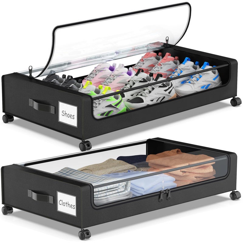 Molutsody Under Bed Storage with Wheels, 2-Pack Underbed Storage Containers with Clear Lids, Under Bed Shoe Storage Organizer, Rolling Under the Bed Storage Bins for Clothes Shoes Blankets (Black) - Image 1