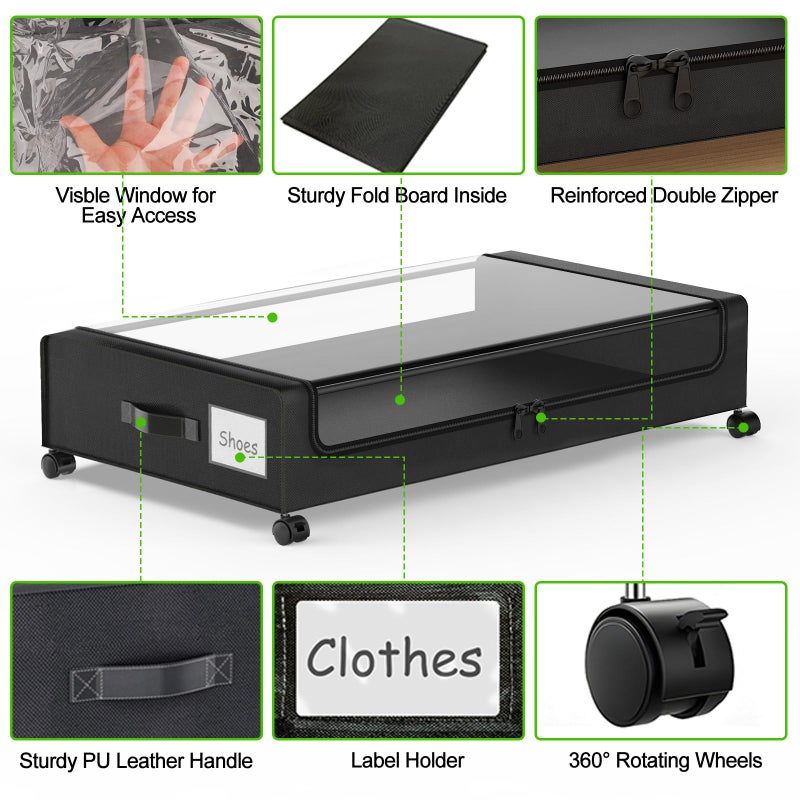 Molutsody Under Bed Storage with Wheels, 2-Pack Underbed Storage Containers with Clear Lids, Under Bed Shoe Storage Organizer, Rolling Under the Bed Storage Bins for Clothes Shoes Blankets (Black) - Image 4