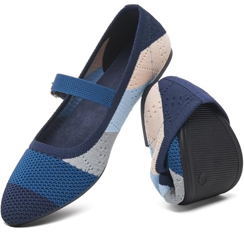 HEAWISH Women's Ballet Flat Shoes Mary Jane Pointed Toe Mesh Flats,Comfortable Slip on Ladies Shoe with Adjustable Strap,Casual Office Dress Flats for Work(Blue,US9) - Image 1