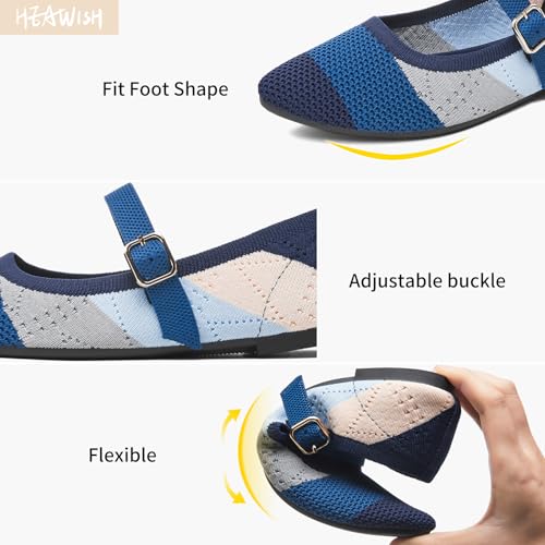 HEAWISH Women's Ballet Flat Shoes Mary Jane Pointed Toe Mesh Flats,Comfortable Slip on Ladies Shoe with Adjustable Strap,Casual Office Dress Flats for Work(Blue,US9) - Image 3